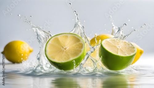 Juicy lime with splashes of water, green lime and yellow lemon on background, citrus close up
