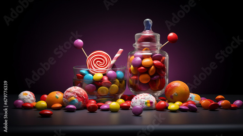 A group of colorful candy in a jar and a bowl on a plain background photo