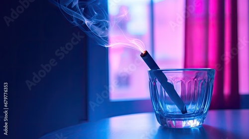  a glass with a cigarette sticking out of it sitting on a table in front of a window with pink curtains.