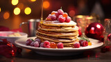 A stack of delicious pancakes with berries and syrup