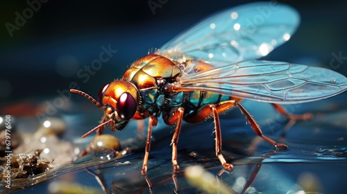  a close up of a fly sitting on top of a piece of glass with water droplets on it's wings. © Shanti