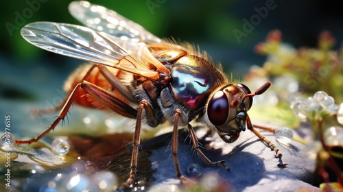  a close up of a fly sitting on top of a plant with drops of water on it's wings. © Shanti