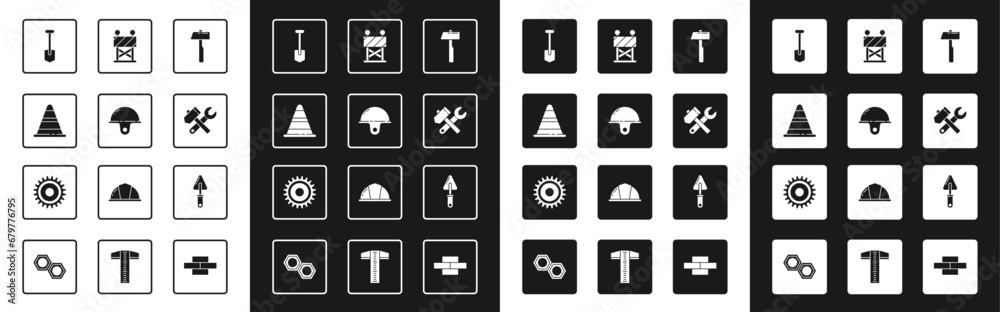 Set Hammer, Worker safety helmet, Traffic cone, Shovel, and wrench spanner, Road barrier, Trowel and Circular saw blade icon. Vector Set Hammer, Worker safety helmet, Traffic cone, Shovel, and wrench spanner, Road barrier, Trowel and Circular saw blade icon. Vector