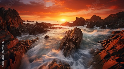  a painting of a sunset over the ocean with rocks in the foreground and a body of water in the foreground.