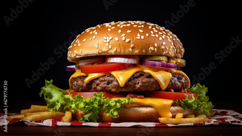 A tasty cheeseburger with lettuce, onions and tomato on a plain background