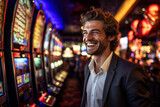 lucky young man smiling near slot machines in a casino