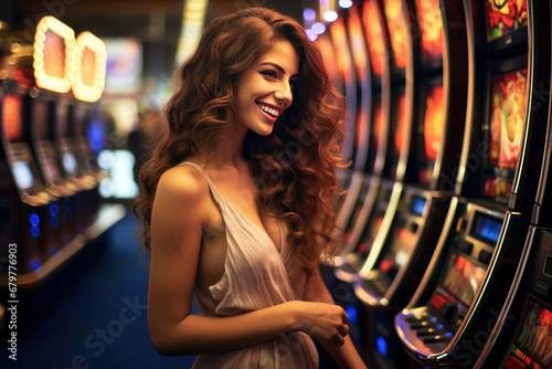 lucky young woman smiling near slot machines in a casino