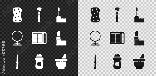 Set Sponge with bubbles, Makeup brush, Mascara, Nail file, Antiperspirant deodorant roll, Mortar and pestle, Round makeup mirror and Eye shadow palette icon. Vector
