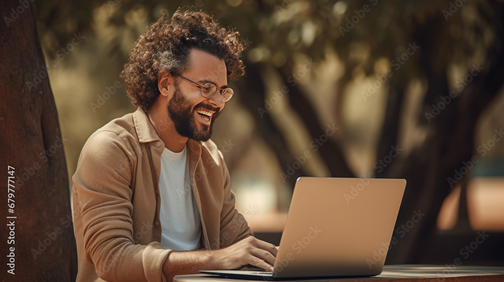 Happy young man working on a laptop outdoors Happy young man working on a laptop outdoors