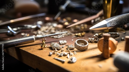 Jeweler working in his workshop. Jewelry making process photo