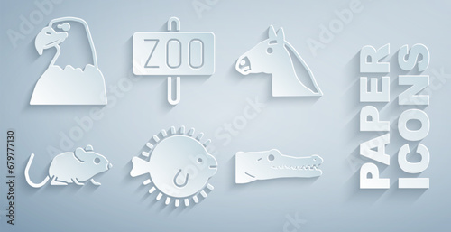 Set Puffer fish, Horse head, Rat, Crocodile, Zoo park and Eagle icon. Vector