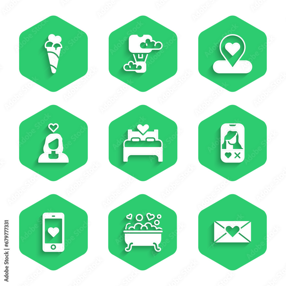 Set Bedroom, Romantic in bathroom, Envelope with Valentine heart, Dating app online, Mobile, Couple love, Location and Ice cream waffle cone icon. Vector Set Bedroom, Romantic in bathroom, Envelope with Valentine heart, Dating app online, Mobile, Couple love, Location and Ice cream waffle cone icon. Vector