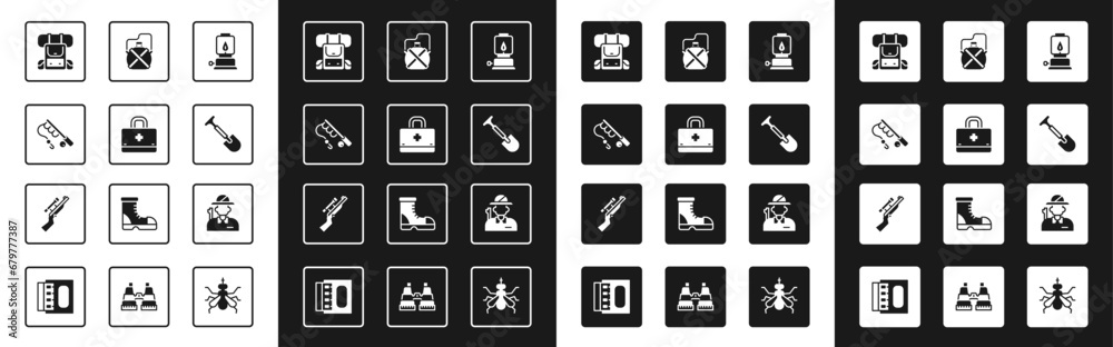 Set Camping lantern, First aid kit, Fishing rod, Hiking backpack, Shovel, Canteen water bottle, Hunter and Sniper rifle with scope icon. Vector Set Camping lantern, First aid kit, Fishing rod, Hiking backpack, Shovel, Canteen water bottle, Hunter and Sniper rifle with scope icon. Vector