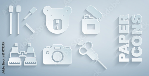 Set Photo camera, Lighter, Binoculars, Syringe, Bear head and Matches icon. Vector