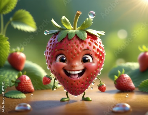 cartoon character shaped like a joyful strawberry