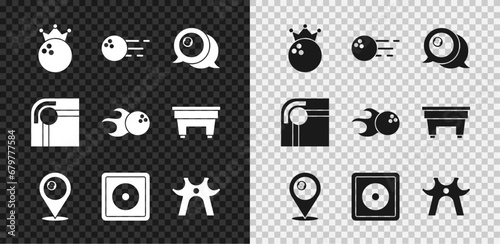 Set Bowling ball, Billiard, Location with billiard, chalk, rest, table and icon. Vector