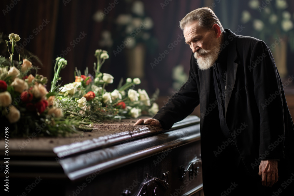 Old man with flowers standing near coffin at funeral Old man with flowers standing near coffin at funeral