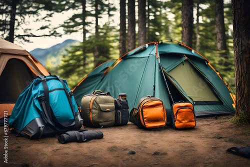 Travel bags in front of a camping tent, hiking gear