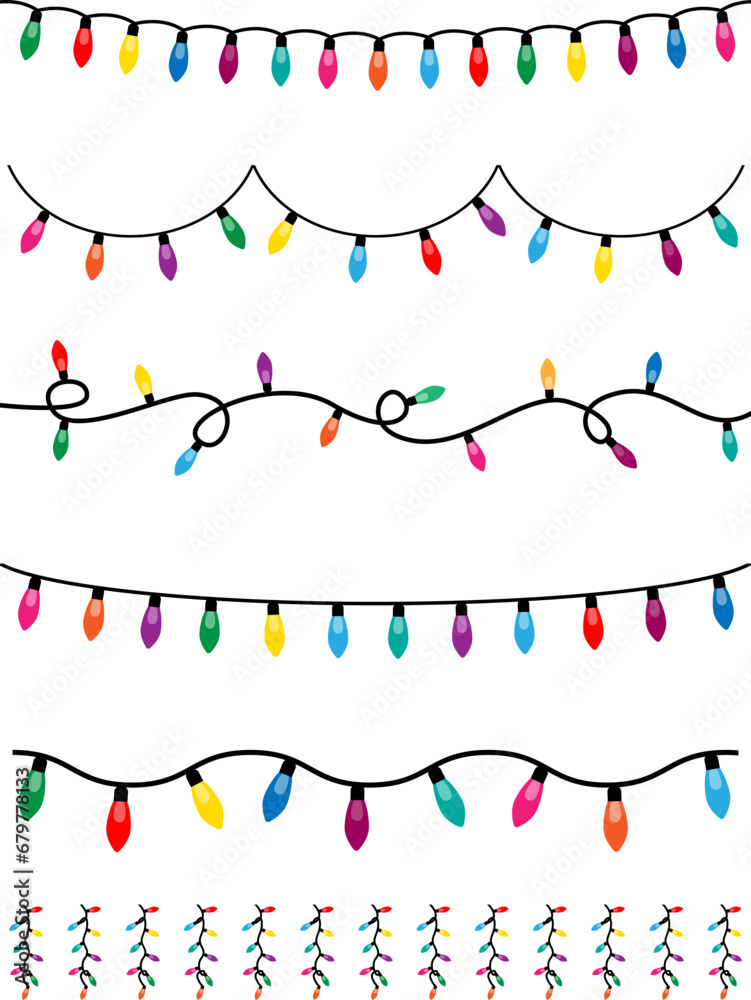 Christmas lights. Colorful garland. Set of Christmas light strings. Christmas light bulbs for decoration .Christmas garland seamless border. - obrazy, fototapety, plakaty 