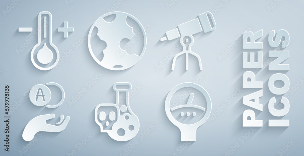 Set Test tube with toxic liquid, Telescope, Atom, Gauge scale, Earth globe and Thermometer icon. Vector