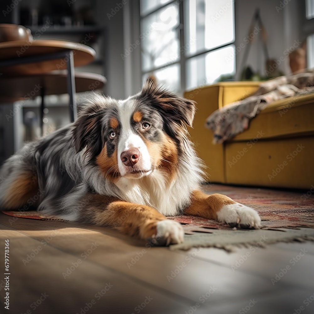 Professional Close up of a Cute Dog Laying on a Wooden Floor Giving the Viewer Puppy Eyes in a Big and Empty Room lluminated by Sunlight. Cute Dog giving Unknown signals to his Owner.