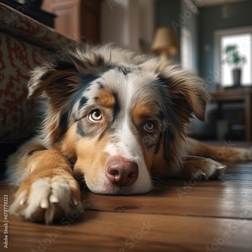 Professional Close up of a Cute Dog Laying on a Wooden Floor Giving the Viewer Puppy Eyes in a Big and Empty Room lluminated by Sunlight. Cute Dog giving Unknown signals to his Owner. © Boss