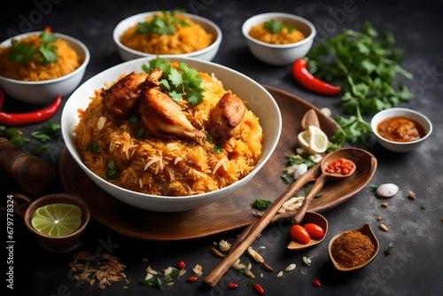 Spicy chicken biryani in white bowl. A traditional Indian or Pakistani ramzan food. Perfect for iftar meal or ramadan dinner