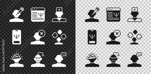 Set Addiction to the drug, Online psychological counseling, Male doctor, Concussion, headache, and Solution problem psychology icon. Vector