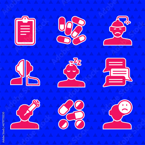 Set Dreams, Medicine pill or tablet, Sad and depressed man, bad mood, Online psychological counseling, Addiction to the drug, Bipolar disorder, Concussion, headache and Psychological test icon. Vector