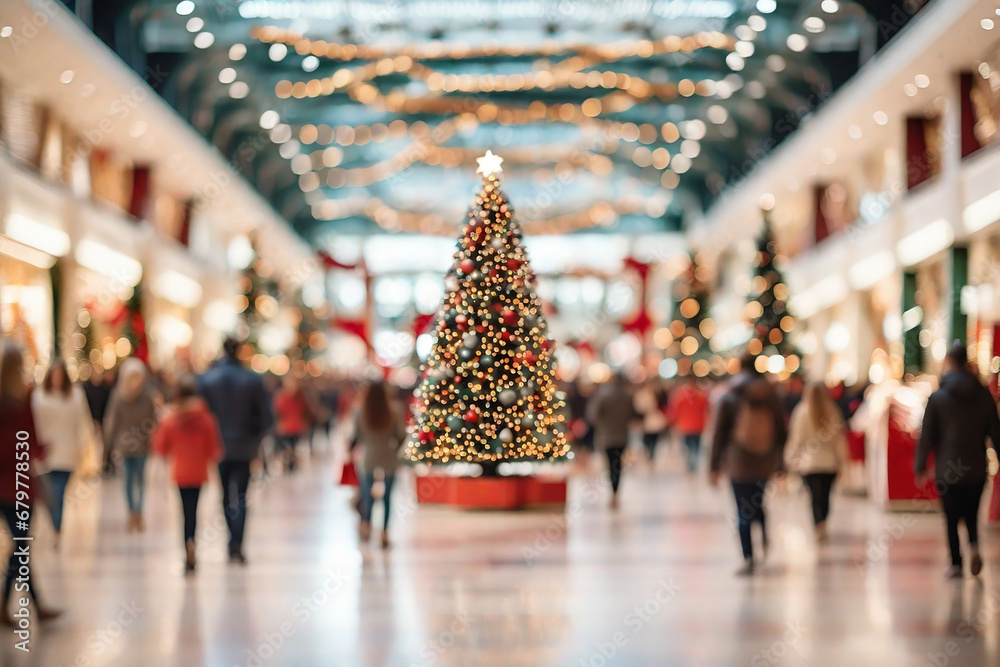 Shopping mall with stores, Christmas tree with decoration and crowd of people looking for present gifts. - obrazy, fototapety, plakaty 