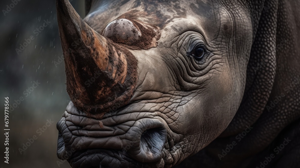 White rhinoceros head close-up in the rain. Rhino. Africa Concept. Wildlife Concept. 