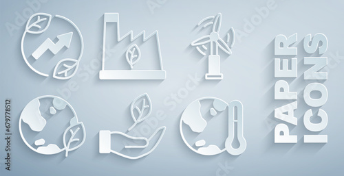 Set Leaf in hand, Wind turbine, Earth globe leaf, melting to global warming, Plant recycling garbage and Electric saving plug icon. Vector