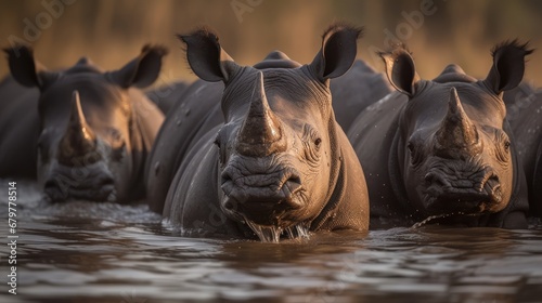 Black rhinoceros (Ceratotherium simum) in the water. Rhino. Africa Concept. Wildlife Concept.  photo