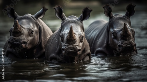 Black rhinoceros (Ceratotherium simum) in the river. Rhino. Africa Concept. Wildlife Concept.  photo