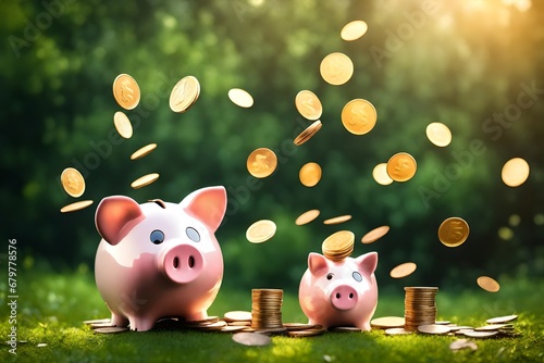 Happy piggy bank and flying golden coins on green garden background. Concept of saving money and seasonal sales © muhmmad