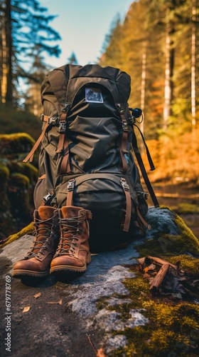 Low Shot of a Trekking Backpack Placed on a Rock at the Feet of some Mountains with a Pair of Brown and Muddy Hiking Shoes Placed at the Bottom. Trekking Kit.