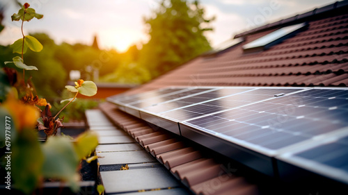 Close up of roof modern house with solar panel cell. Rural housing that uses solar panel. Concept of alternative energy and power sustainable resources. Generative AI