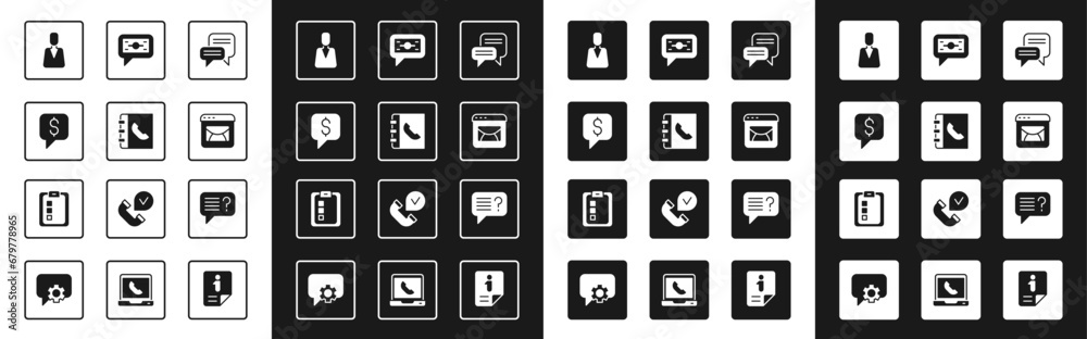Set Speech bubble chat, Phone book, Paid support, Employee, Mail and e-mail, Stacks paper money cash, Unknown search and Online quiz, test, survey icon. Vector Set Speech bubble chat, Phone book, Paid support, Employee, Mail and e-mail, Stacks paper money cash, Unknown search and Online quiz, test, survey icon. Vector