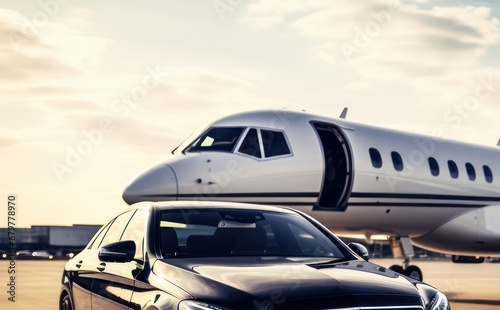 Lavish Car Parked Next to a Private Jet on a Runway Generative AI