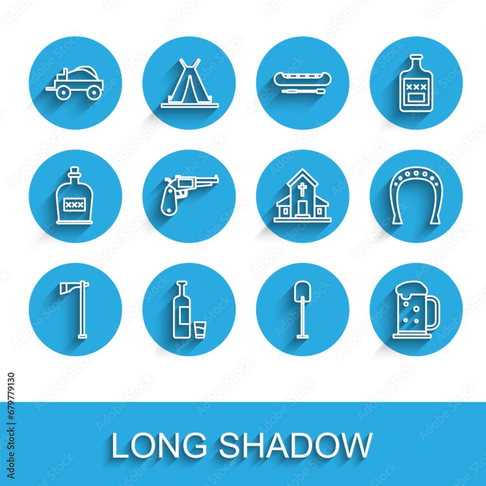 Set line Tomahawk axe, Whiskey bottle and glass, Wild west covered wagon, Shovel, Wooden beer mug, Revolver gun, Horseshoe and Church building icon. Vector Set line Tomahawk axe, Whiskey bottle and glass, Wild west covered wagon, Shovel, Wooden beer mug, Revolver gun, Horseshoe and Church building icon. Vector