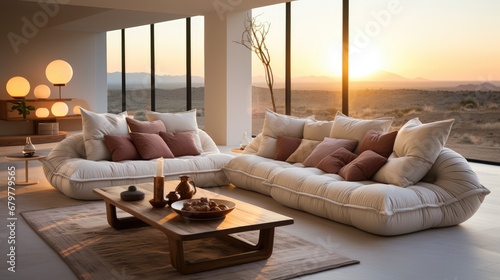  a living room with two couches and a coffee table in front of a window with a view of the desert.