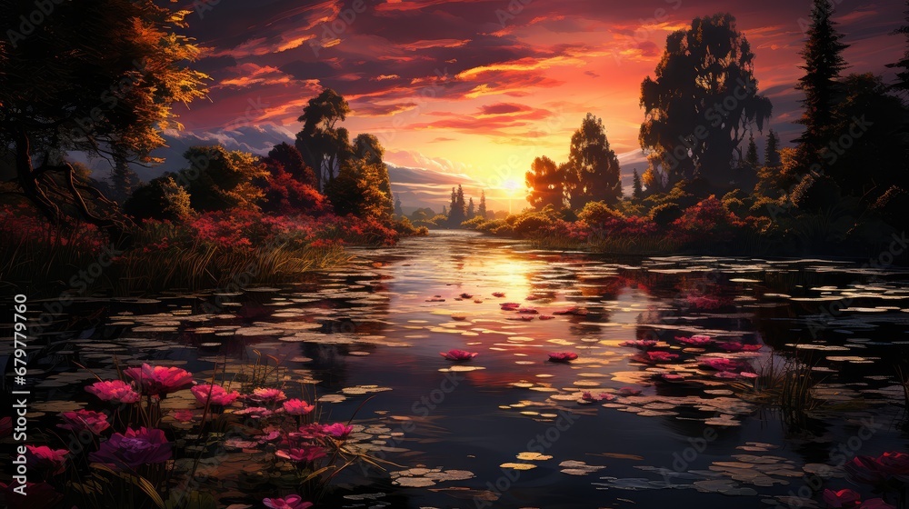 a painting of a sunset over a body of water with lily pads in the foreground and trees in the background.