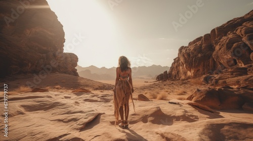 rear view woman in casual cloth walking to the sun with desert sunrise background beautiful landscape background