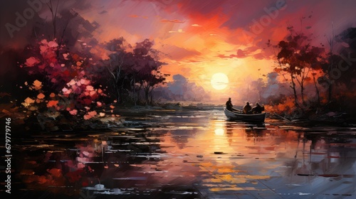  a painting of two people in a rowboat on a river with the sun setting in the distance behind them.