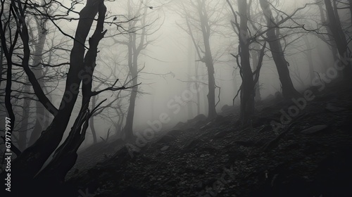  a black and white photo of a foggy forest with trees on the side of a hill with no leaves.