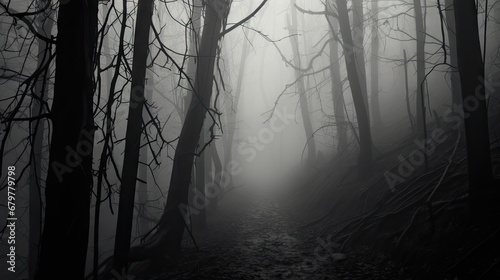  a black and white photo of a path in a foggy forest with trees on either side of the path.