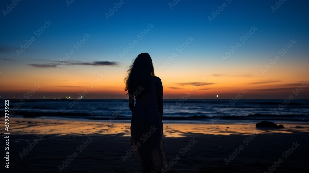Fototapeta premium clam and peaceful beautiful moment of rear view beautiful woman standing on the beach watching sunset beauty seascape landscape background travel concept
