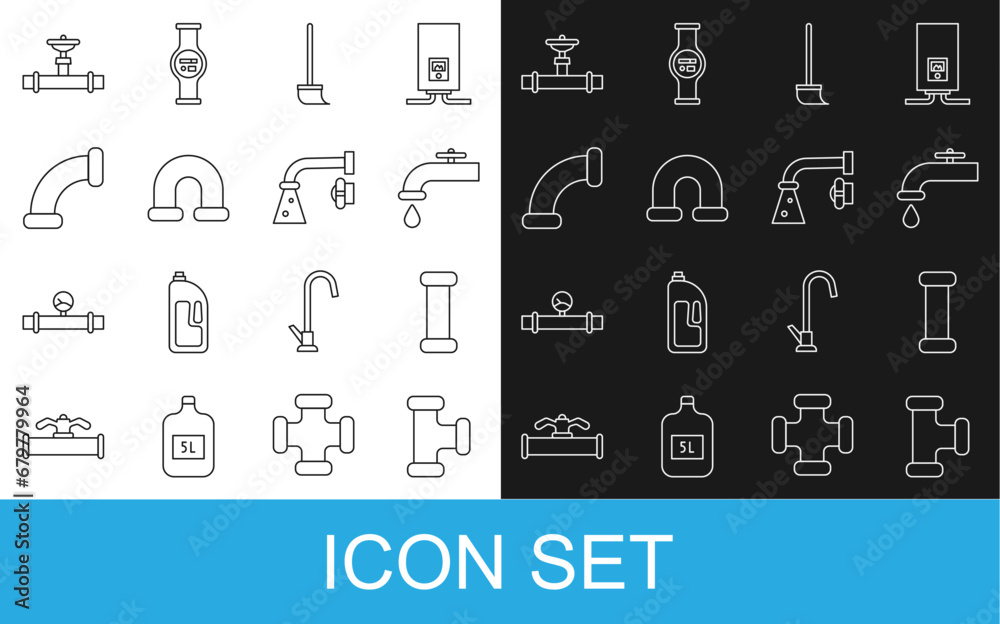 Set line Industry metallic pipe, Water tap, Mop, and valve and icon. Vector