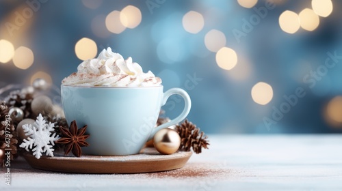  a cup of hot chocolate with whipped cream on a saucer surrounded by christmas decorations and a garland of lights.