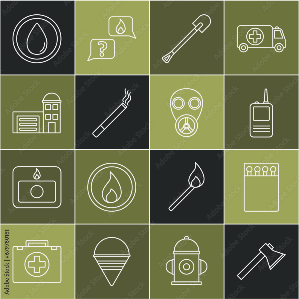 Set line Firefighter axe, Open matchbox and matches, Walkie talkie, shovel, Cigarette, Building of fire station, Water drop and Gas mask icon. Vector Set line Firefighter axe, Open matchbox and matches, Walkie talkie, shovel, Cigarette, Building of fire station, Water drop and Gas mask icon. Vector